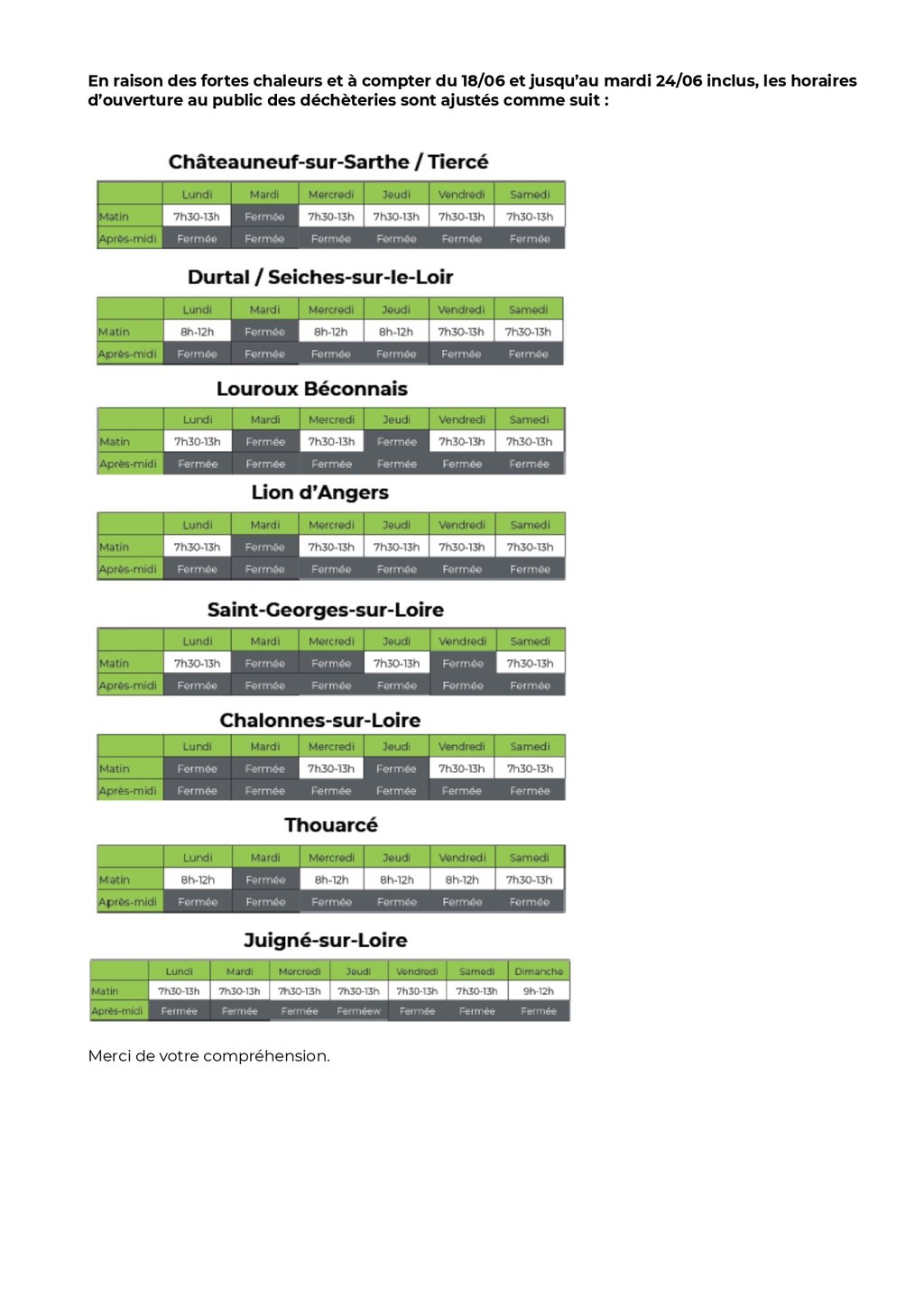 Horaires déchetteries